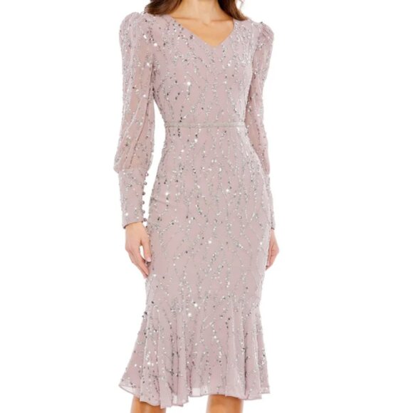 MAC DUGGAL 10767 SEQUINED ILLUSIONS LONG  VINTAGE LILAC TRUMPET MIDI DRESS  10 - Picture 1 of 3